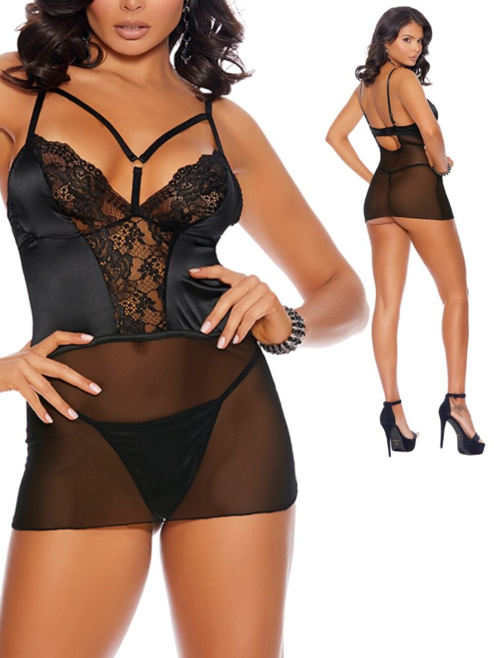 Black Lace Mesh Chemise Slip G-String Set Large